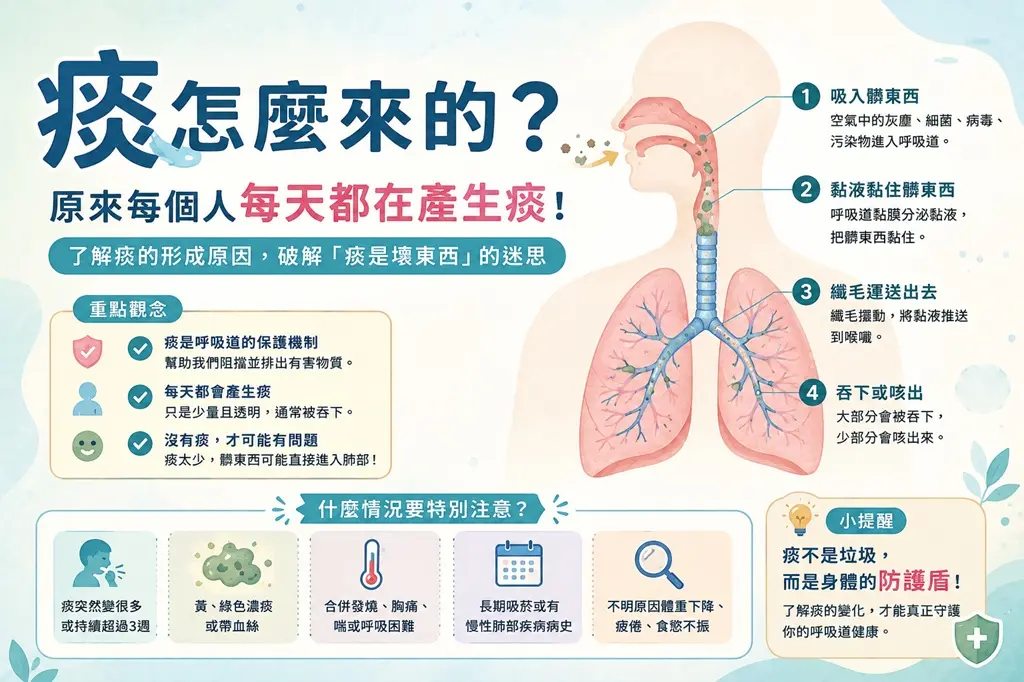 痰 怎 麼 來 的 ？ 原 來 每 個 人 每 天 都 有 痰 ！ 醫 師 解 析 痰 形 成 原 因 與 身 體 保 護 機 制