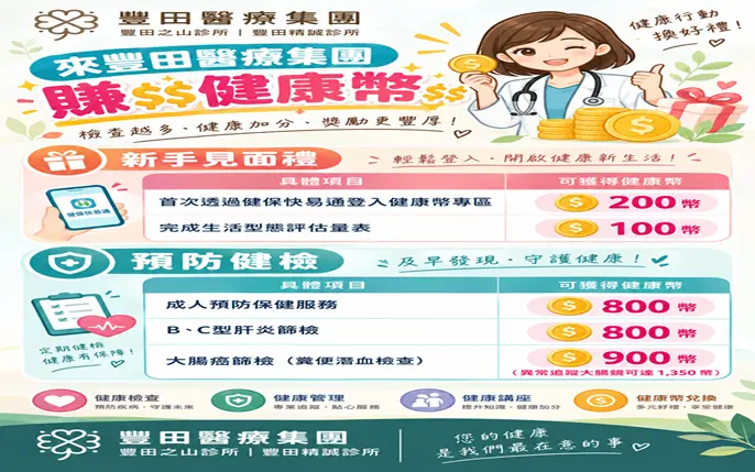 豐 田 醫 療 集 團 健 康 幣 怎 麼 賺 活動，首次登入200幣、生活型態評估100幣、成人預防保健800幣、大腸癌篩檢900幣。