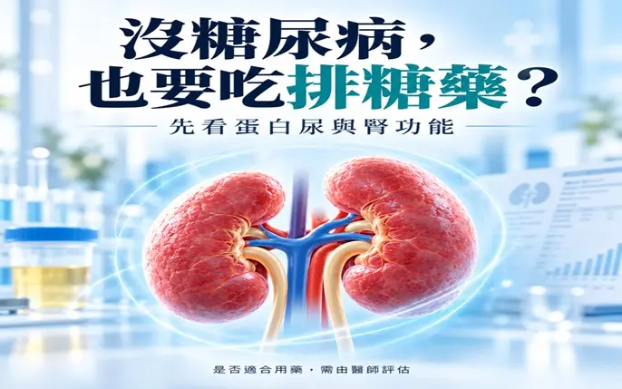 沒 糖 尿 病 ， 也 要吃 排 糖 藥 ？ 醫 師 向 民 眾 說 明蛋 白 尿 檢 查 與 排糖 藥 的 腎 臟 保 護 用 途